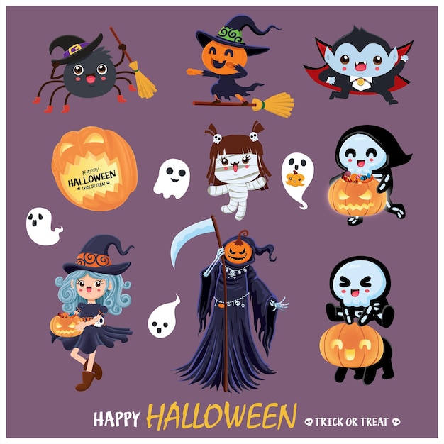Diseño de cartel de Halloween vintage con vector momia bruja araña esqueleto reaper vampiro momia