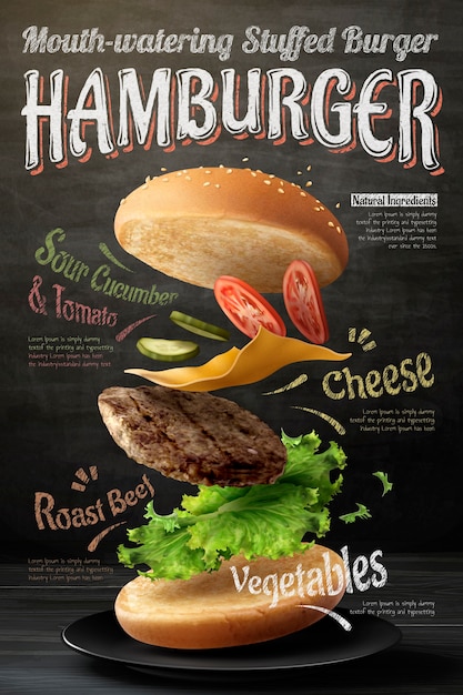 Diseño de cartel de hamburguesa sobre fondo de pizarra en ilustración 3d