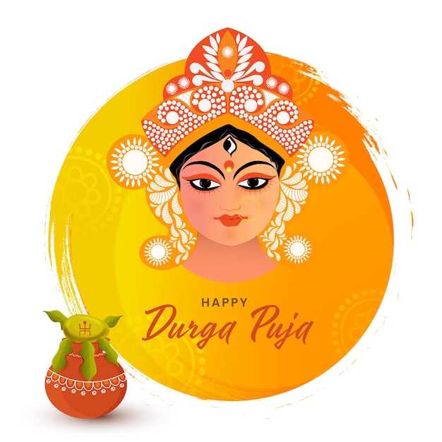 Diseño de cartel de Happy Durga Puja con diosa Durga Maa Face Worship Pot Kalash y trazo de pincel naranja sobre fondo blanco