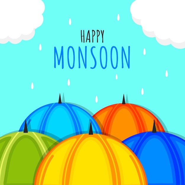 Diseño de cartel de Happy Monsoon con coloridas nubes de paraguas y gotas sobre fondo cian