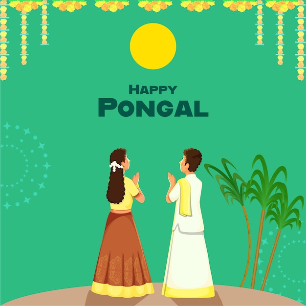 Diseño de cartel de happy pongal con niño y niña del sur de la india haciendo surya (sol)