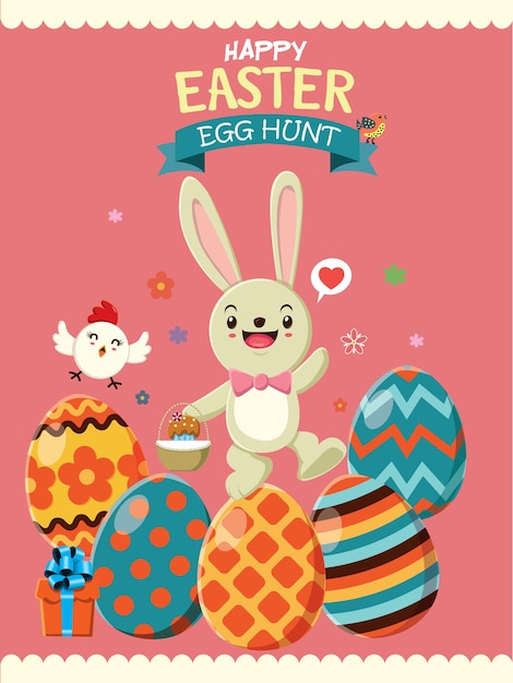 Diseño de cartel de huevo de Pascua vintage con pollo gallo conejo