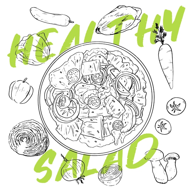 Diseño de cartel ilustrado de ensalada y verduras saludables dibujado a mano