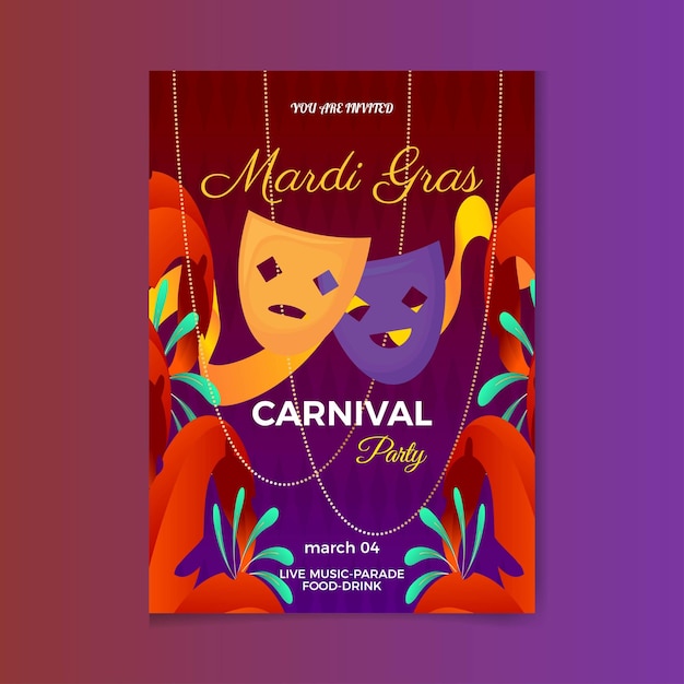 Diseño de cartel con máscara alegre y cortina de teatro Evento de Mardi Gras