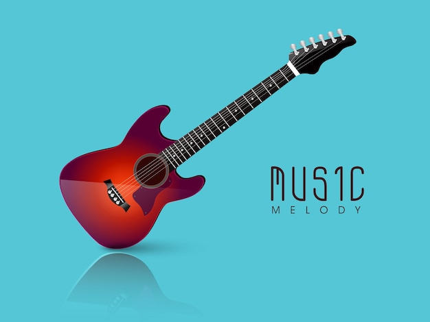 Diseño de cartel de melodía musical con guitarra aislada en fondo azul