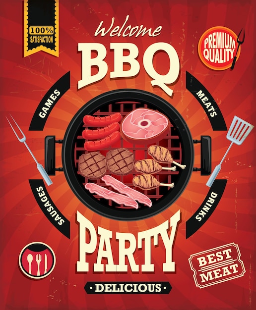 Vector diseño de cartel de menú de fiesta de barbacoa vintage con tocino de pollo de res de carne de salchicha