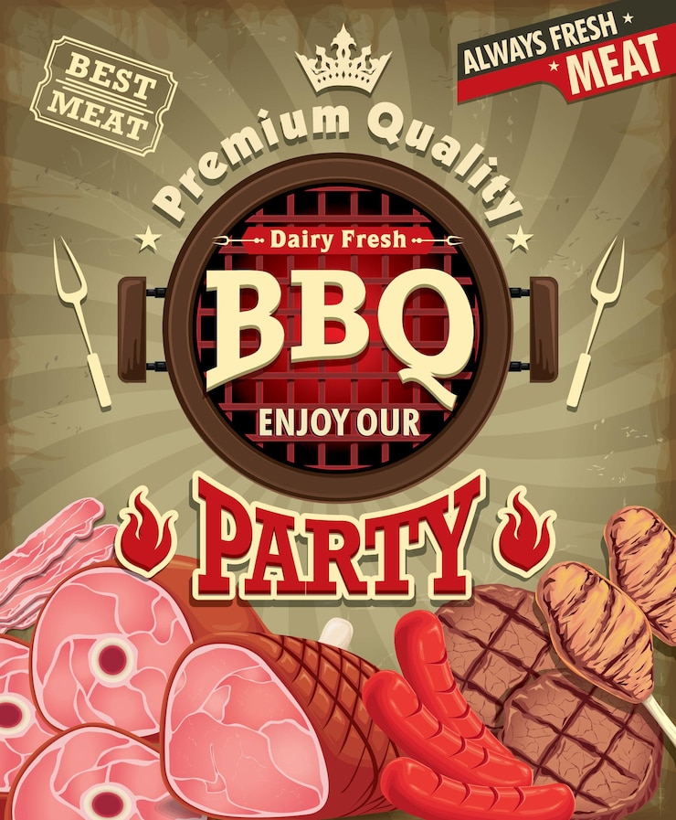 Vector diseño de cartel de menú de fiesta de barbacoa vintage con tocino de pollo de res de carne de salchicha
