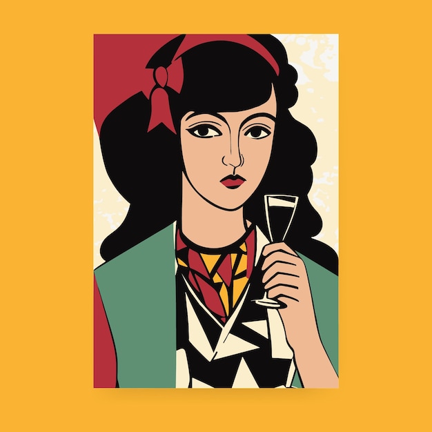 Diseño de cartel moderno de mediados de siglo mujer bebiendo vino ilustrada