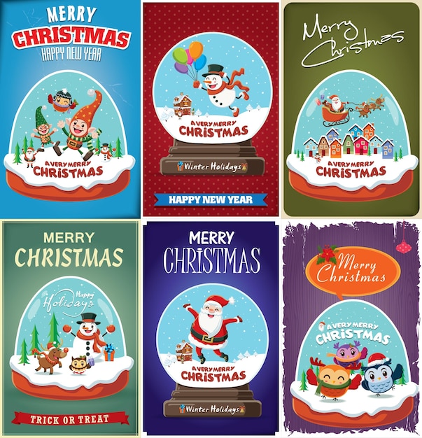 Diseño de cartel de Navidad vintage con búho de muñeco de nieve de reno elfo doméstico de Santa Claus en bola de cristal