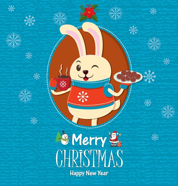 Diseño de cartel de Navidad vintage con conejo