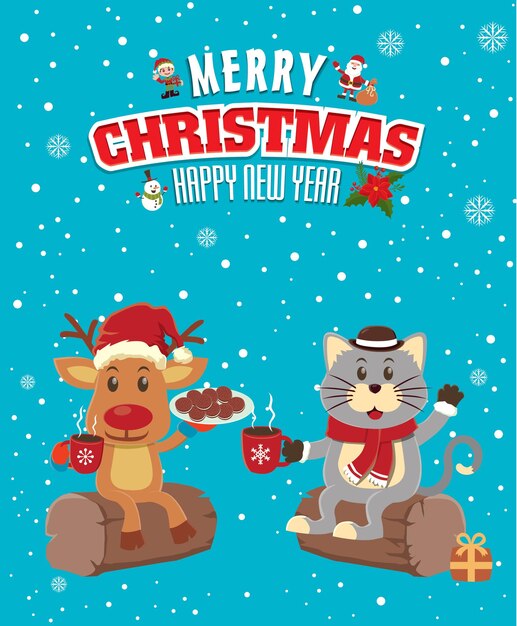 Diseño de cartel de Navidad vintage con gato, reno