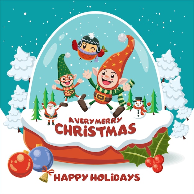 Diseño de cartel de Navidad vintage con muñeco de nieve elfo búho Santa Claus en personajes de bola de cristal