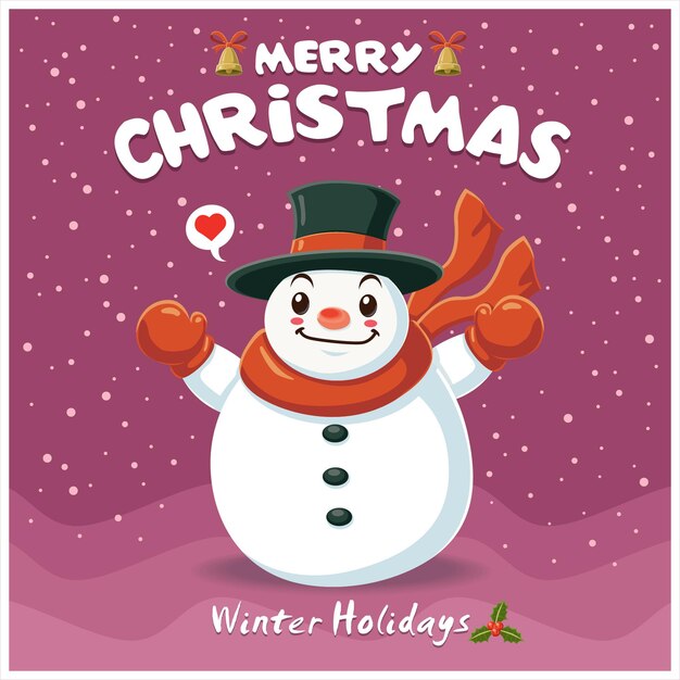 Diseño de cartel de Navidad vintage con personaje de muñeco de nieve