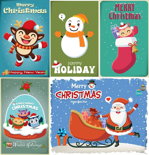 Diseño de cartel de navidad vintage con personajes de búho de muñeco de nieve de papá noel reno