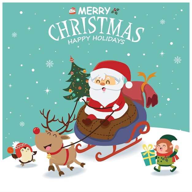 Diseño de cartel de Navidad vintage con personajes de duende de pingüino de muñeco de nieve de Santa Claus vector