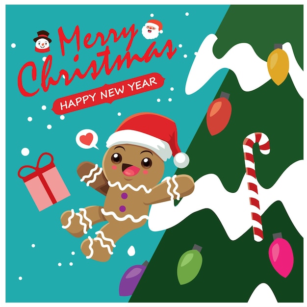 Diseño de cartel de Navidad vintage con personajes de muñeco de nieve de Papá Noel de hombre de jengibre de vector