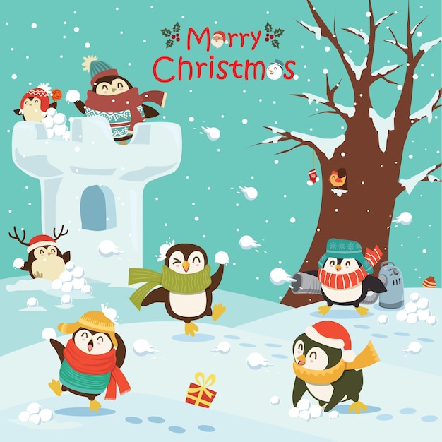 Diseño de cartel de Navidad vintage con personajes de pingüino de muñeco de nieve de Santa Claus vector