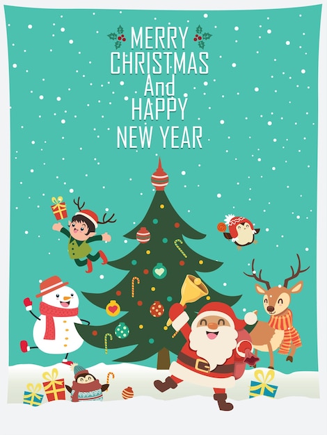 Diseño de cartel de Navidad vintage con personajes de renos de pingüino muñeco de nieve elfo de Santa Claus vector