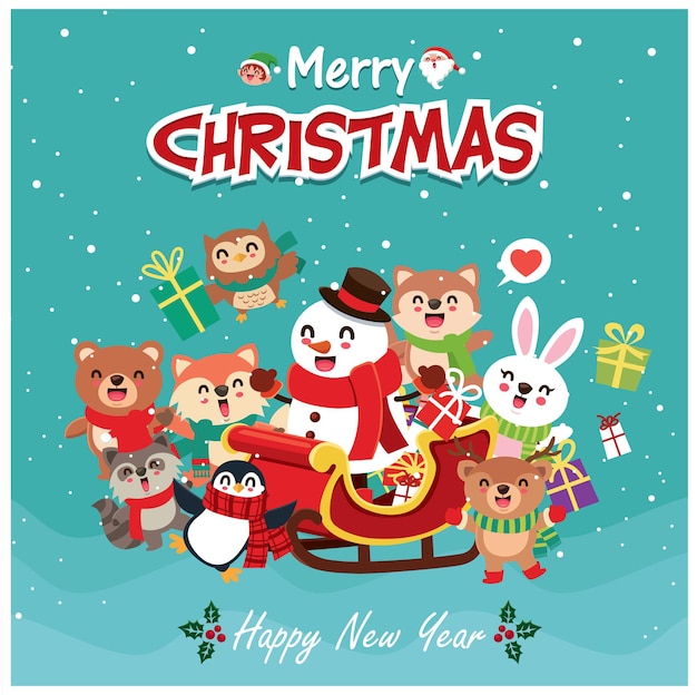 Diseño de cartel de Navidad vintage con vector muñeco de nieve reno pingüino Santa Claus elfo oso