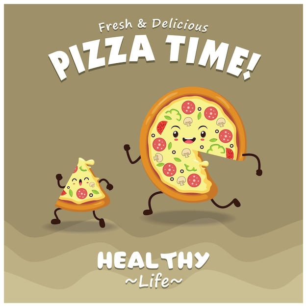 Diseño de cartel de pizza vintage con carácter de pizza vectorial