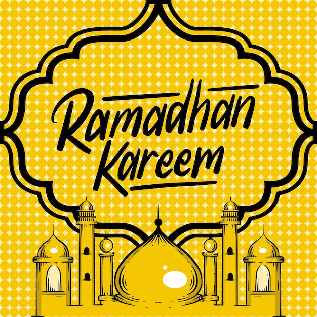 Diseño de cartel de ramadán kareem con mezquita y lámpara de linterna ilustración vectorial dibujada a mano