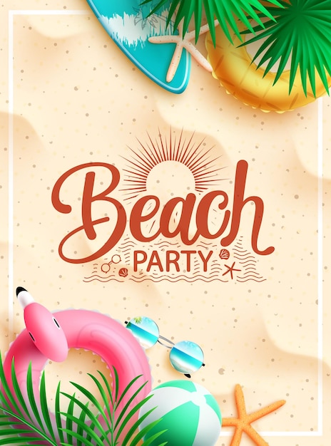 Diseño de cartel de vector de playa de verano texto de fiesta de playa de verano en fondo de arena con flotador