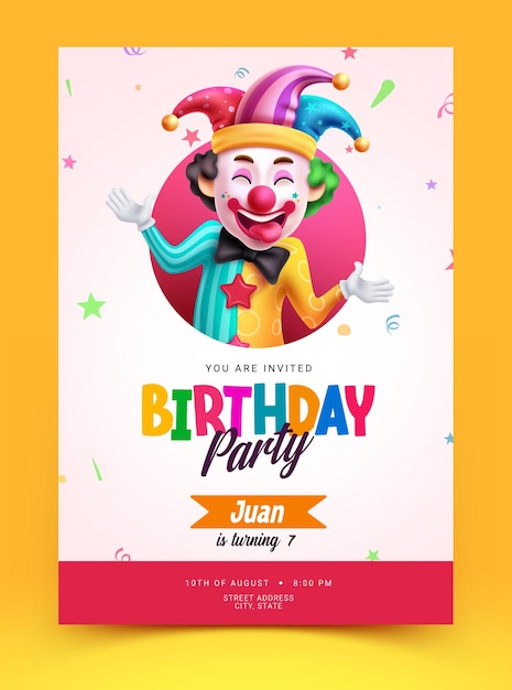 Diseño de cartel de vector de texto de fiesta de cumpleaños Saludo de invitación de cumpleaños y tarjeta postal con payaso