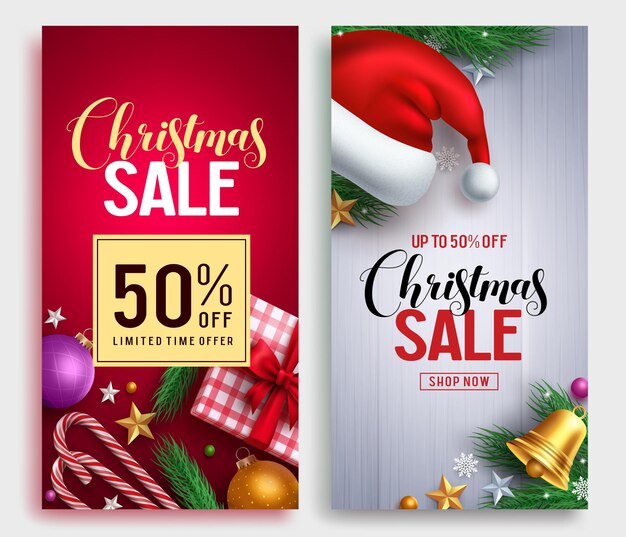 Diseño de cartel de vector de venta de Navidad con texto promocional de venta y elementos coloridos de Navidad.