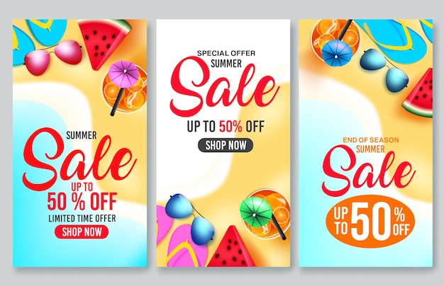 Diseño de cartel de vector de venta de verano Diseño de venta de verano tienda ahora texto