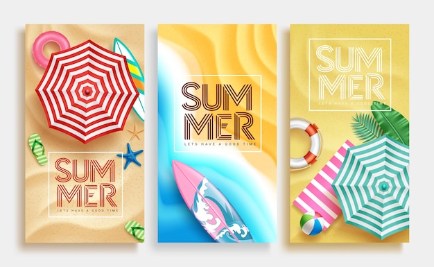 Diseño de cartel de vector de verano texto de verano en fondo de playa de arena con elementos de temporada tropical