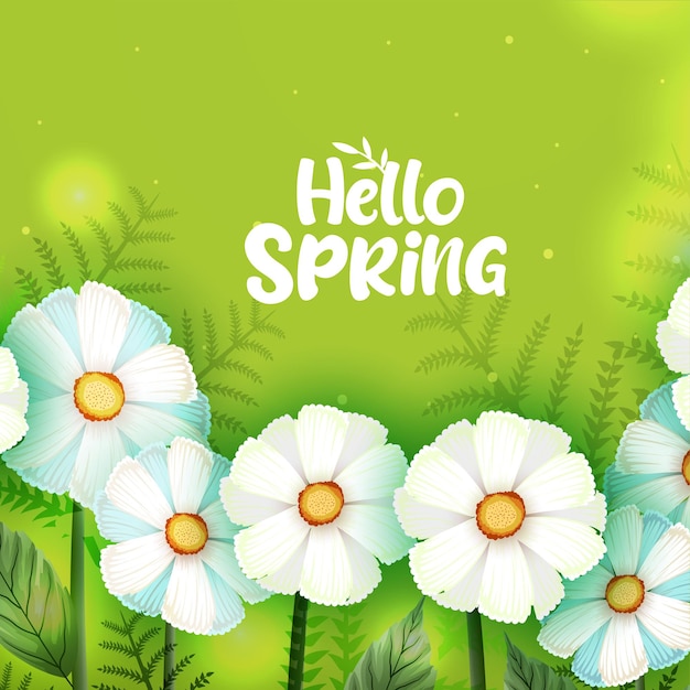 Diseño de cartel vectorial de primavera con elementos florales coloridos y fondo floral verde f