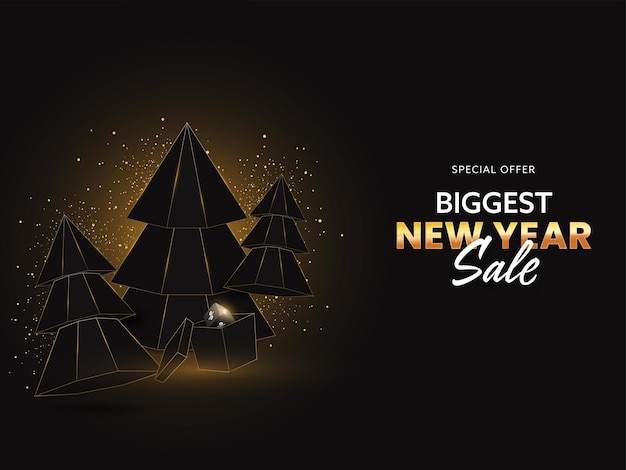 Diseño de cartel de venta de año nuevo más grande con caja de regalo de árboles de Navidad y efecto de brillo sobre fondo negro