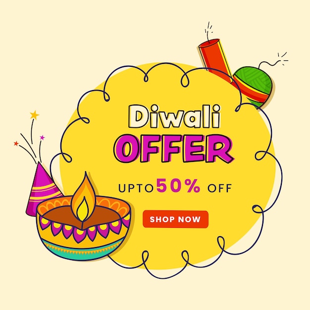 Diseño de cartel de venta de diwali con oferta de 50% de descuento, lámpara de aceite encendida (diya) y petardos sobre fondo amarillo.