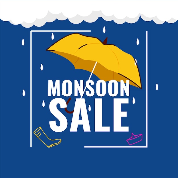 Diseño de cartel de venta de monzón con gotas de agua de barco de papel de barco de paraguas sobre fondo blanco y azul