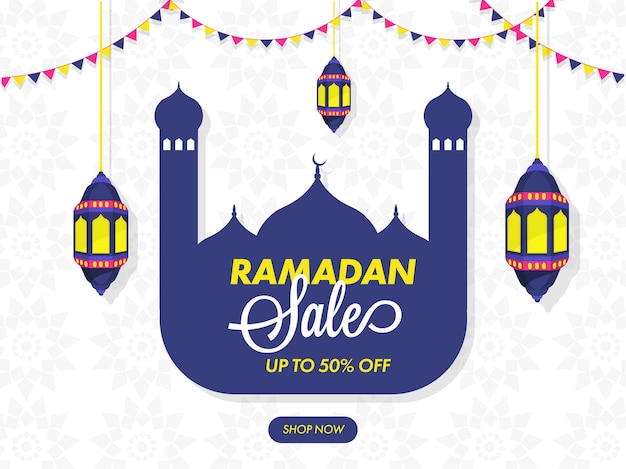 Diseño de cartel de venta de ramadán con oferta de 50% de descuento