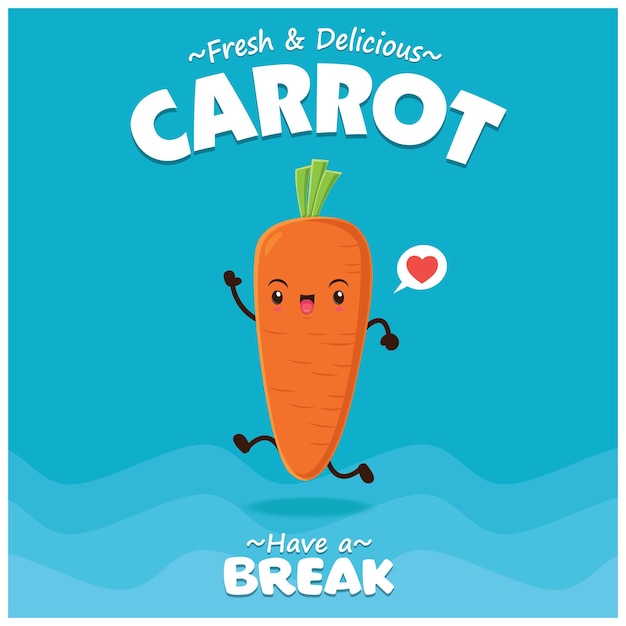 Diseño de cartel de verduras vintage con personaje de zanahoria vectorial