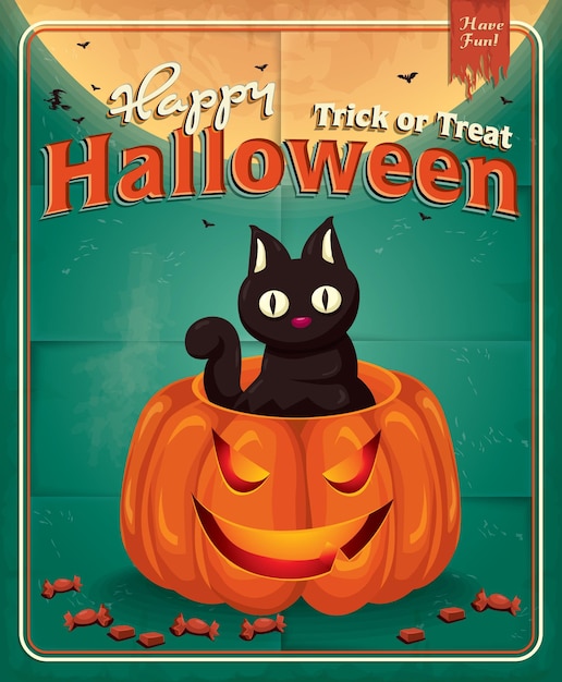 Diseño de cartel vintage de Halloween con calabaza y gato