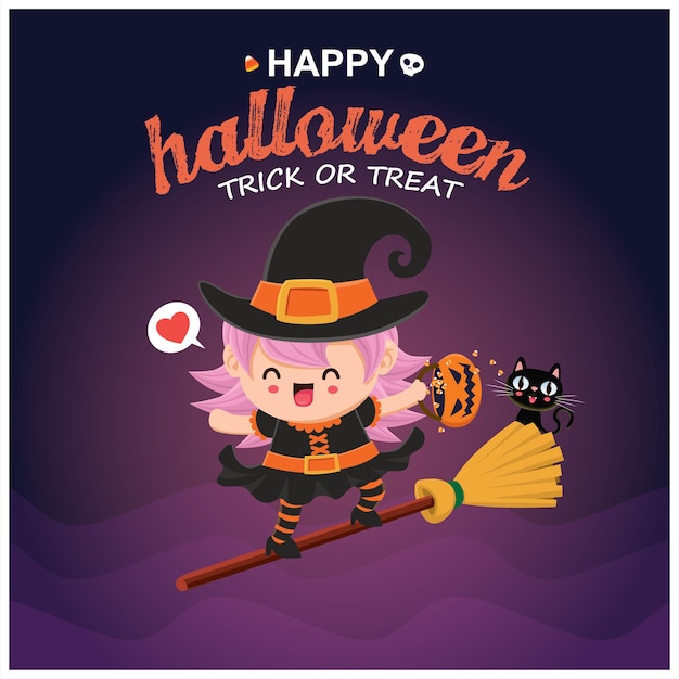 Diseño de cartel vintage de halloween con personaje de bruja de vector