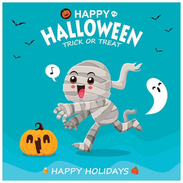Diseño de cartel vintage de Halloween con personaje de fantasma de momia de vector