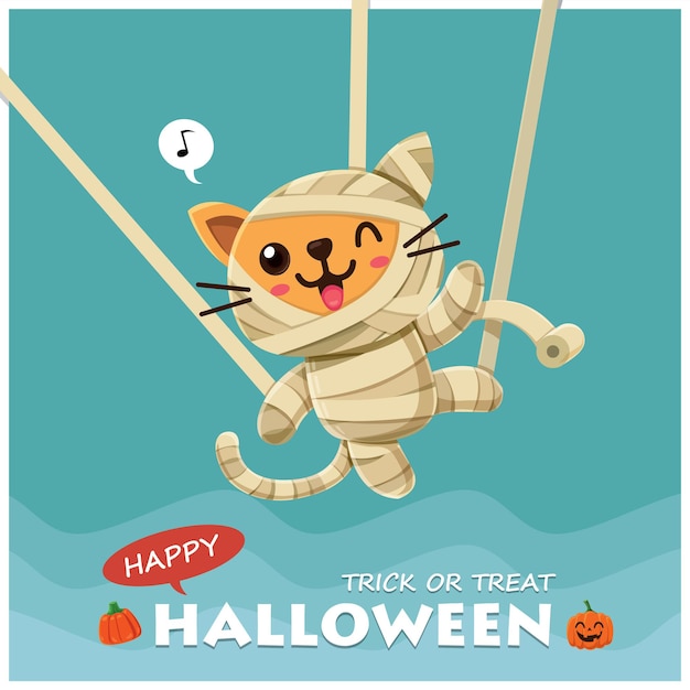 Diseño de cartel vintage de halloween con personaje de gato momia de vector