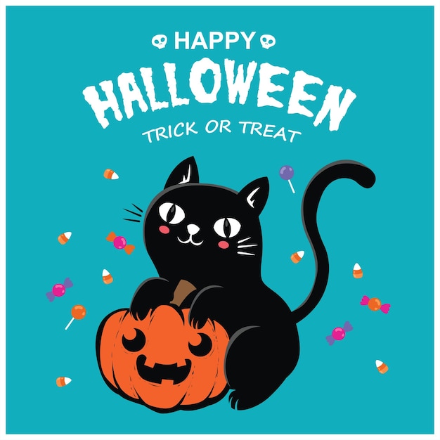 Diseño de cartel vintage de Halloween con personaje de gato de vector