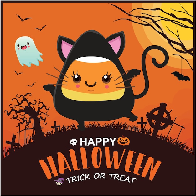 Diseño de cartel vintage de halloween con personaje de murciélago fantasma de bruja de vector