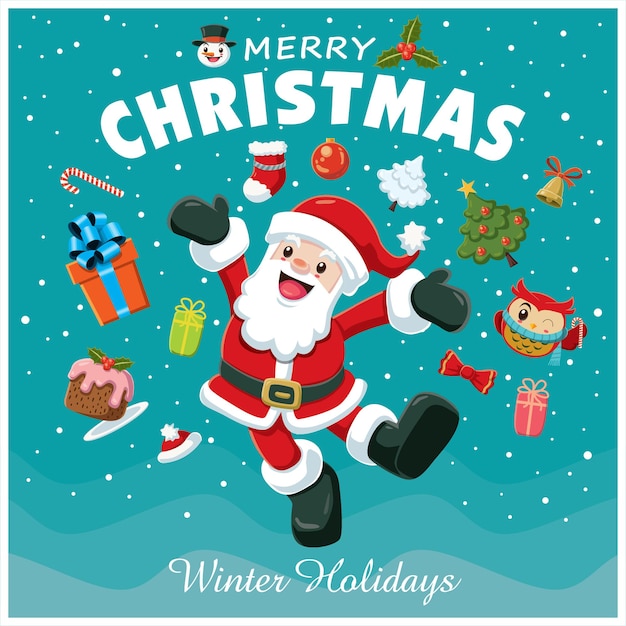 Diseño de cartel vintage de Navidad con personajes de búho muñeco de nieve de Santa Claus