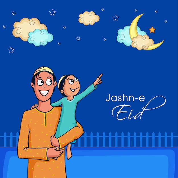Diseño de carteles de celebración de JashnEEid con un hombre islámico alegre y su hijo mirando la luna creciente sobre fondo azul