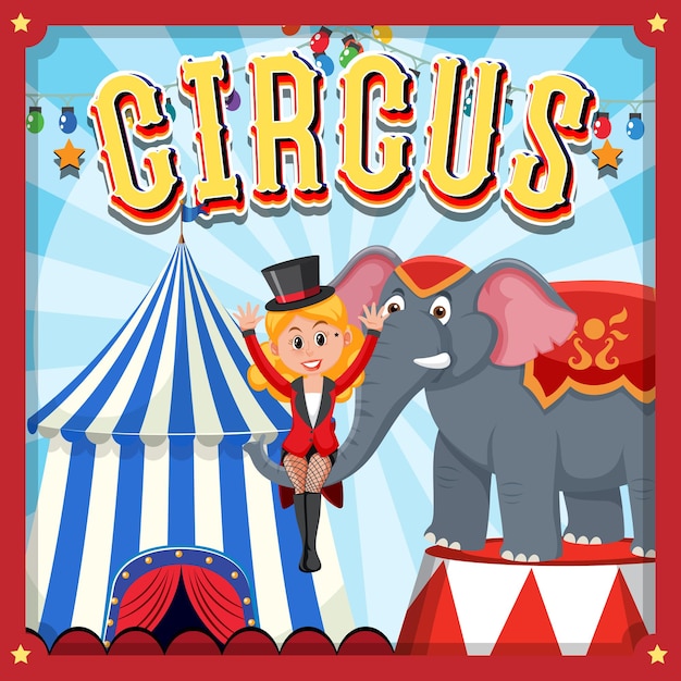 Diseño de carteles de circo con mago y elefante en el escenario.