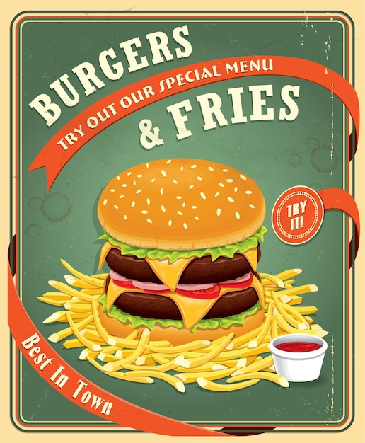 Diseño de carteles de comida rápida vintage con hamburguesas y papas fritas