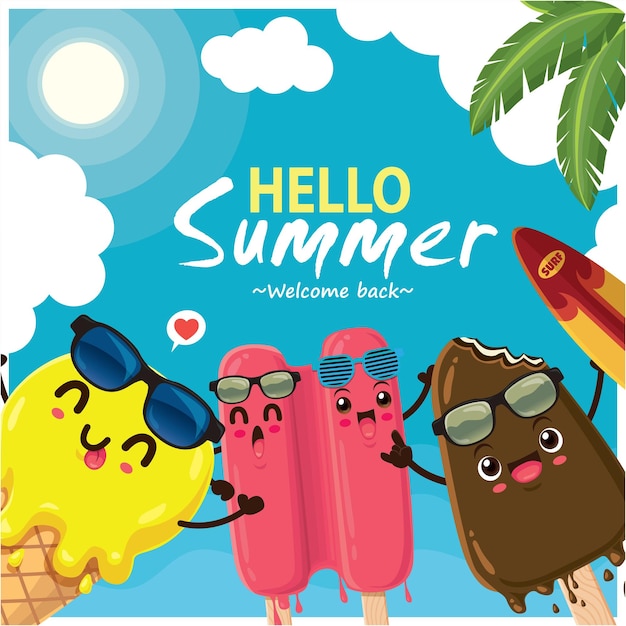 Diseño de carteles de comida de verano vintage con personajes de helados vectoriales