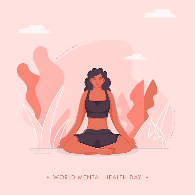 Diseño de carteles del día mundial de la salud mental con mujer joven en pose de meditación sobre fondo rosa de la naturaleza.