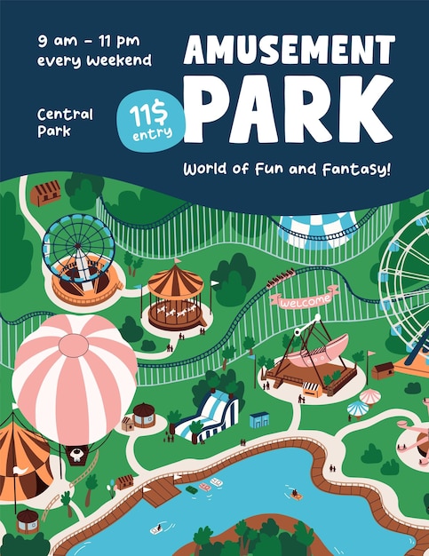 Diseño de carteles de eventos de parques de atracciones plantilla publicitaria de diversiones de entretenimiento al aire libre diseño de promoción con carrusel de rueda de ferris montaña rusa en paisaje de verano ilustración vectorial plana