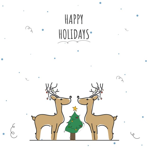 Diseño de carteles de felices fiestas con renos de par de estilo Doodle y árbol de Navidad decorativo sobre fondo blanco.